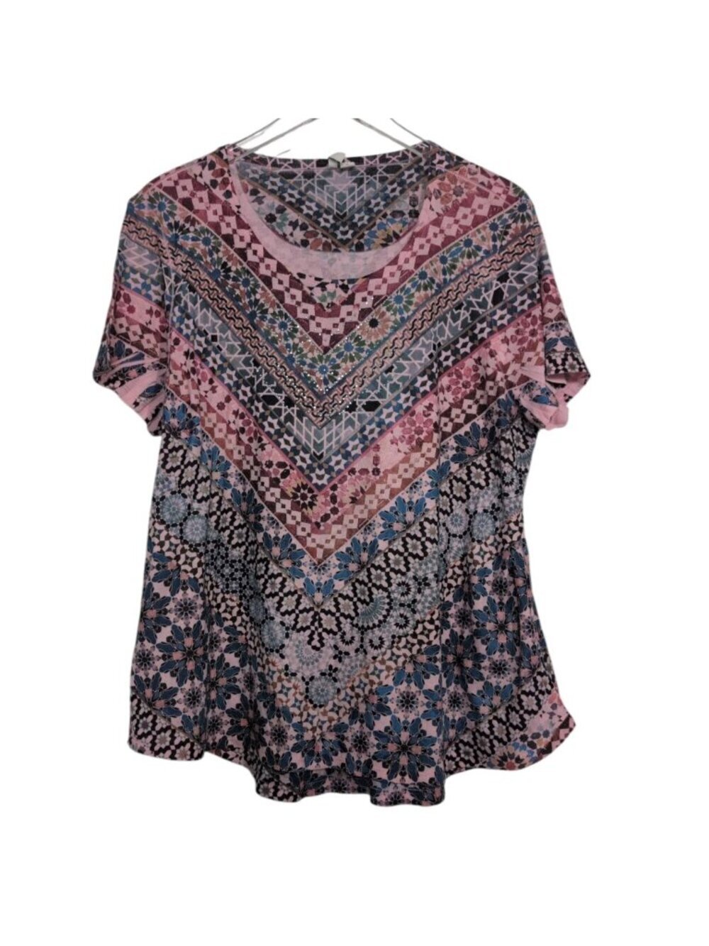 Cato Floral Chevron Shirt Womens Size XL Pink Blue Boho Geometric Short Sleeve